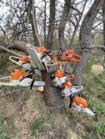 orange and white snow blower on brown tree