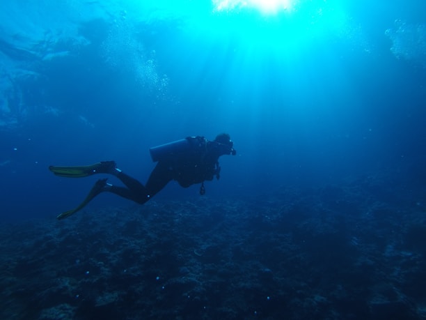A scuba diver is exploring an underwater environment with bright blue water illuminated by sunlight filtering through from above. The diver's silhouette is visible, equipped with fins and a diving tank, surrounded by the deep ocean and aquatic life hidden in shadows.