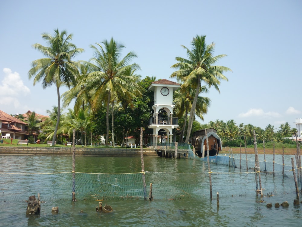 Edificio de hormigón blanco cerca de palmeras y cuerpo de agua durante el día