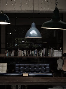 black wooden book shelf with books and pendant lamps