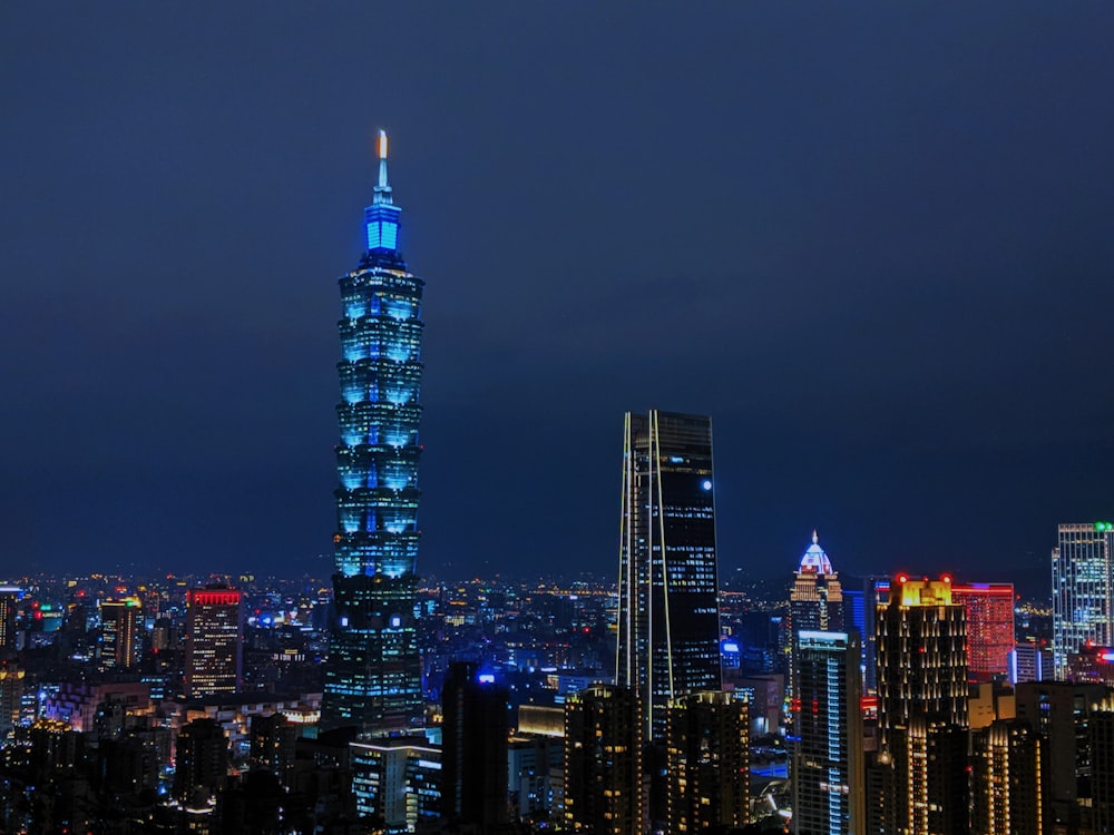 city skyline during night time