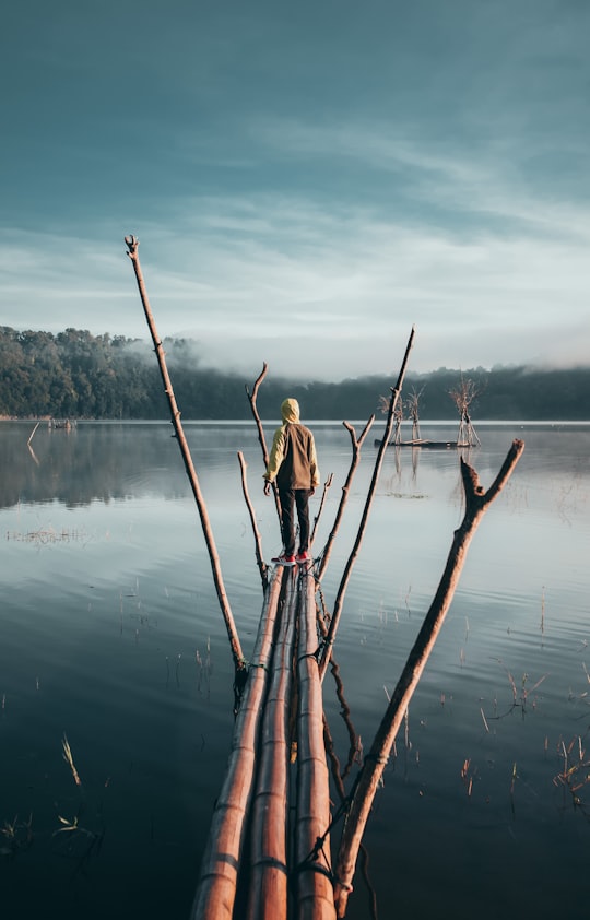 woman in brown dress standing on brown wooden stick on lake during daytime in Lake Tamblingan Indonesia
