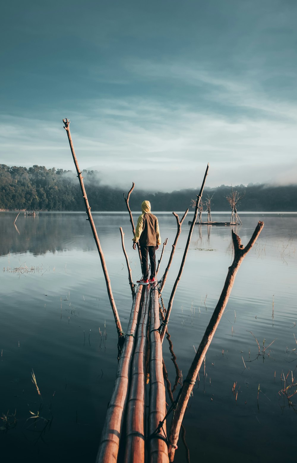 Mujer en vestido marrón de pie sobre palo de madera marrón en el lago durante el día