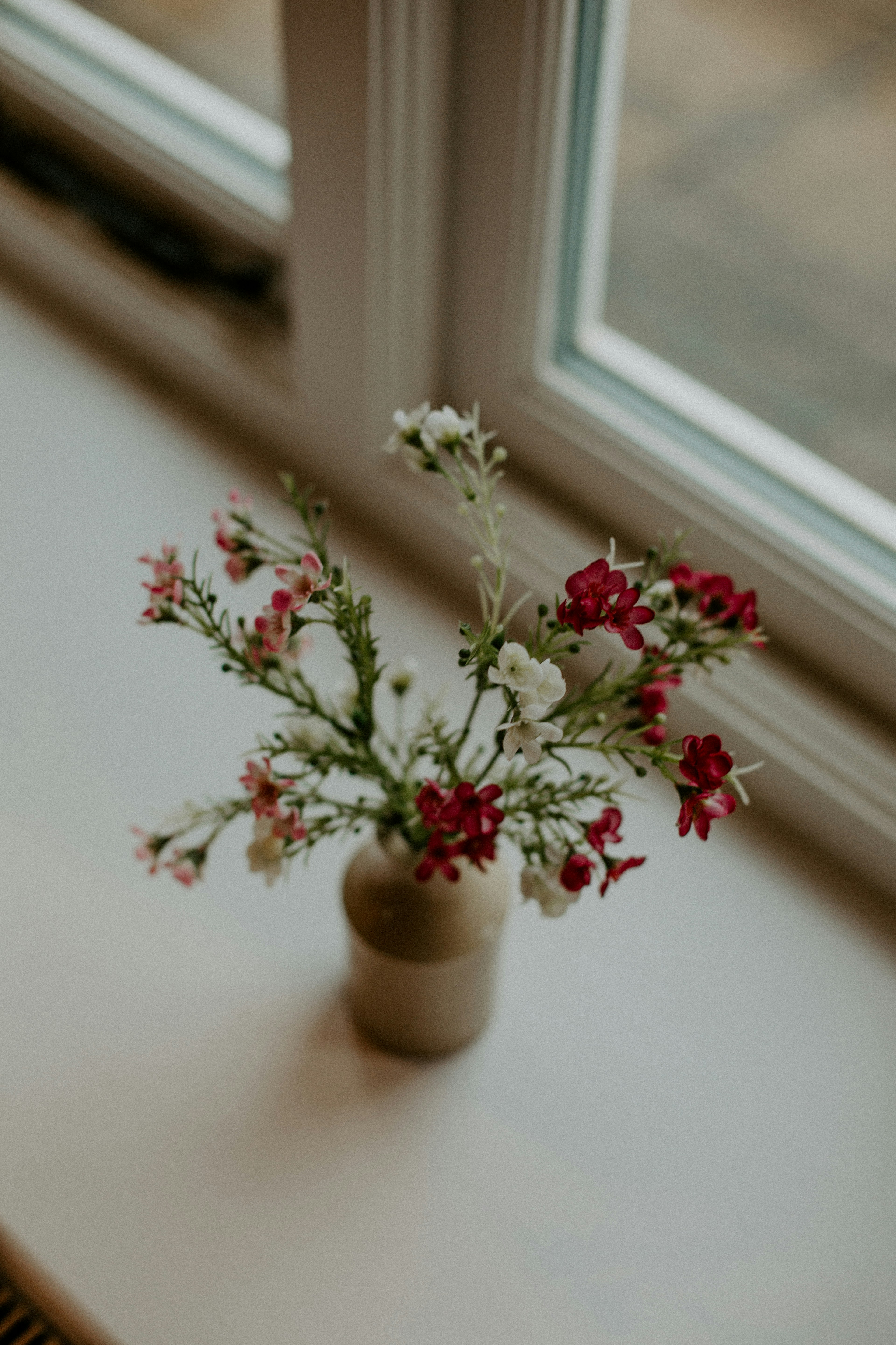 white and red flower in white ceramic vase