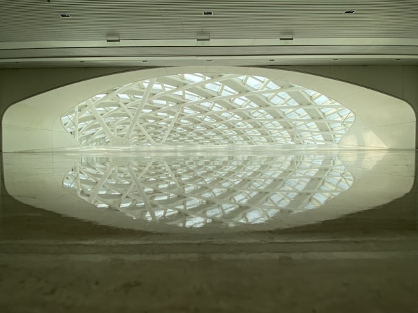 An architectural space with a large, expansive ceiling featuring a grid-like pattern that creates geometric shapes. The surface reflects the intricate design above, giving a sense of openness and symmetry. The lighting is soft and diffused, enhancing the serene and modern atmosphere.