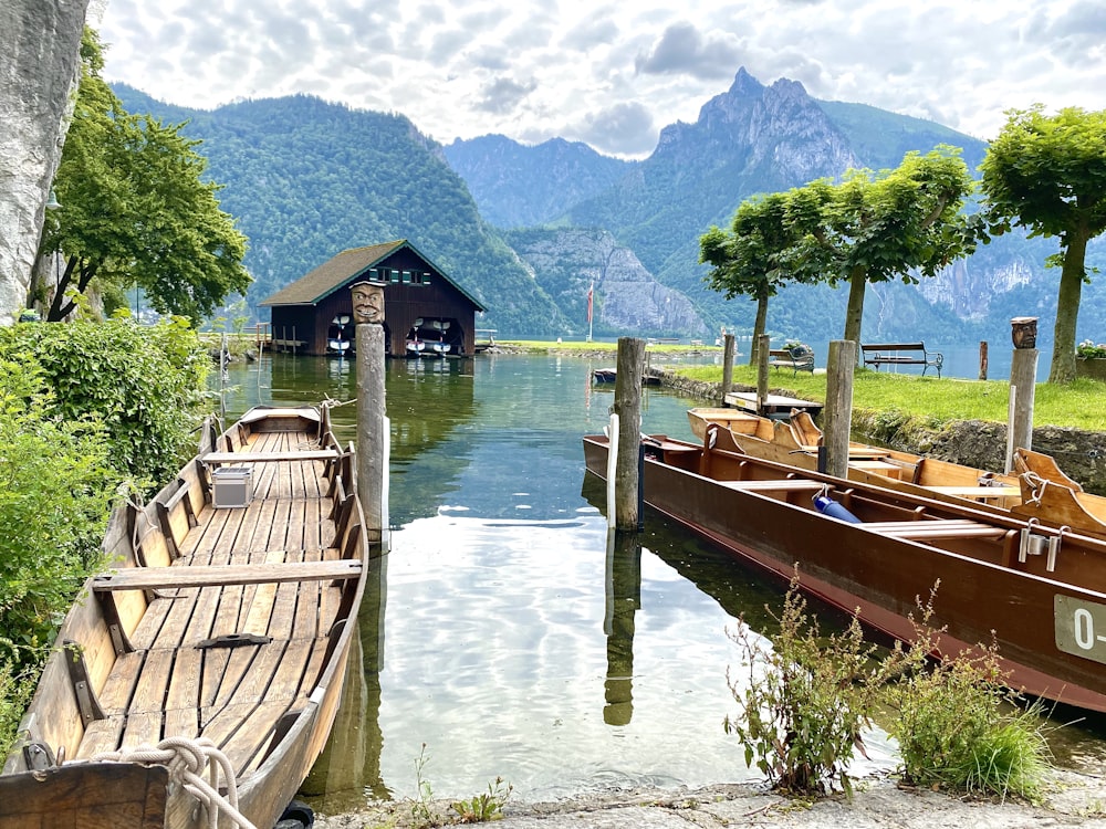 brown wooden boat on water near green trees and mountain during daytime