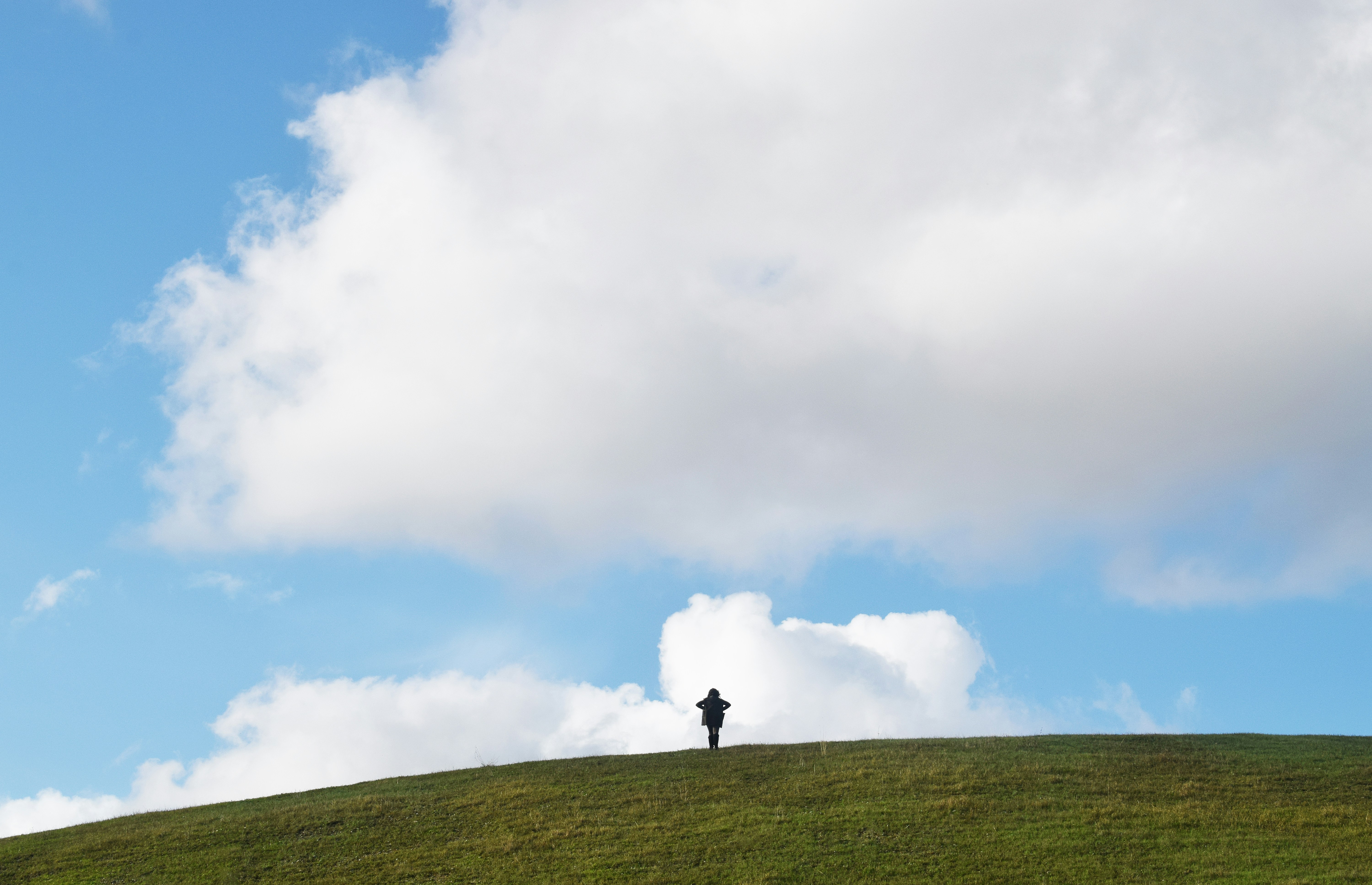 person standing on green grass field under white clouds during daytime