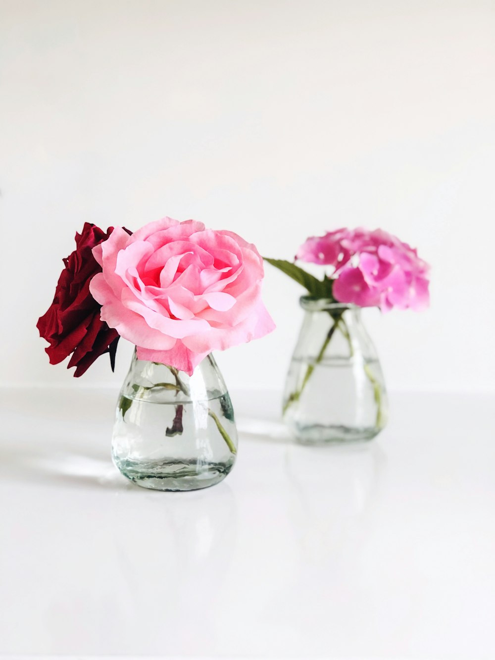 pink roses in clear glass vase