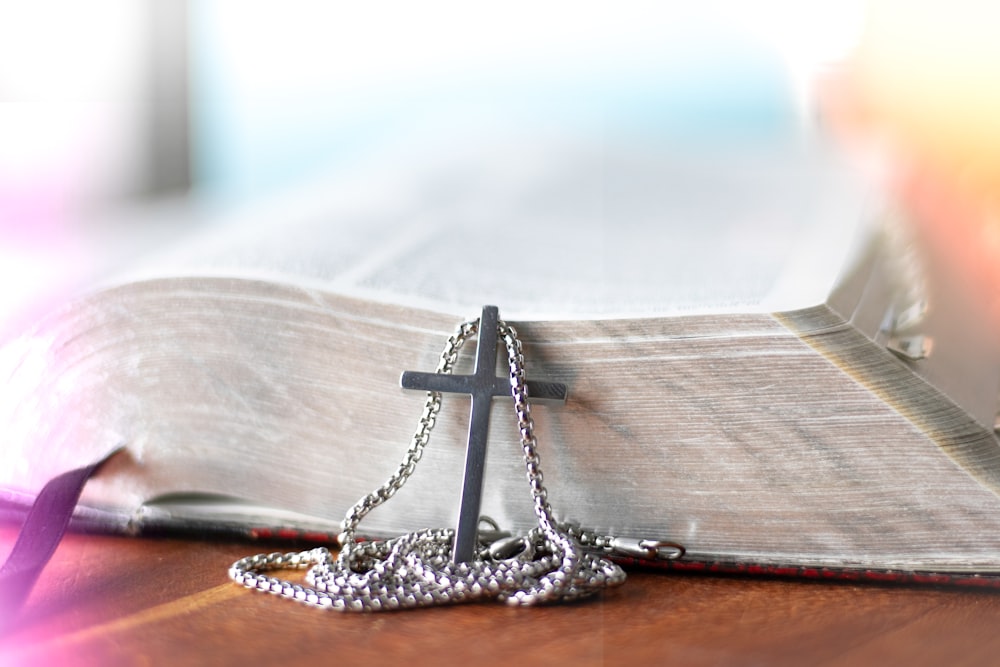 silver and diamond studded cross pendant necklace