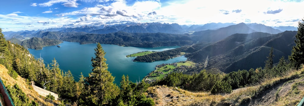 green trees and lake under blue sky and white clouds during daytime