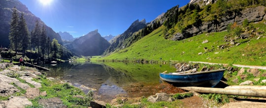 white boat on river near green grass field and mountain during daytime in Schwende District Switzerland