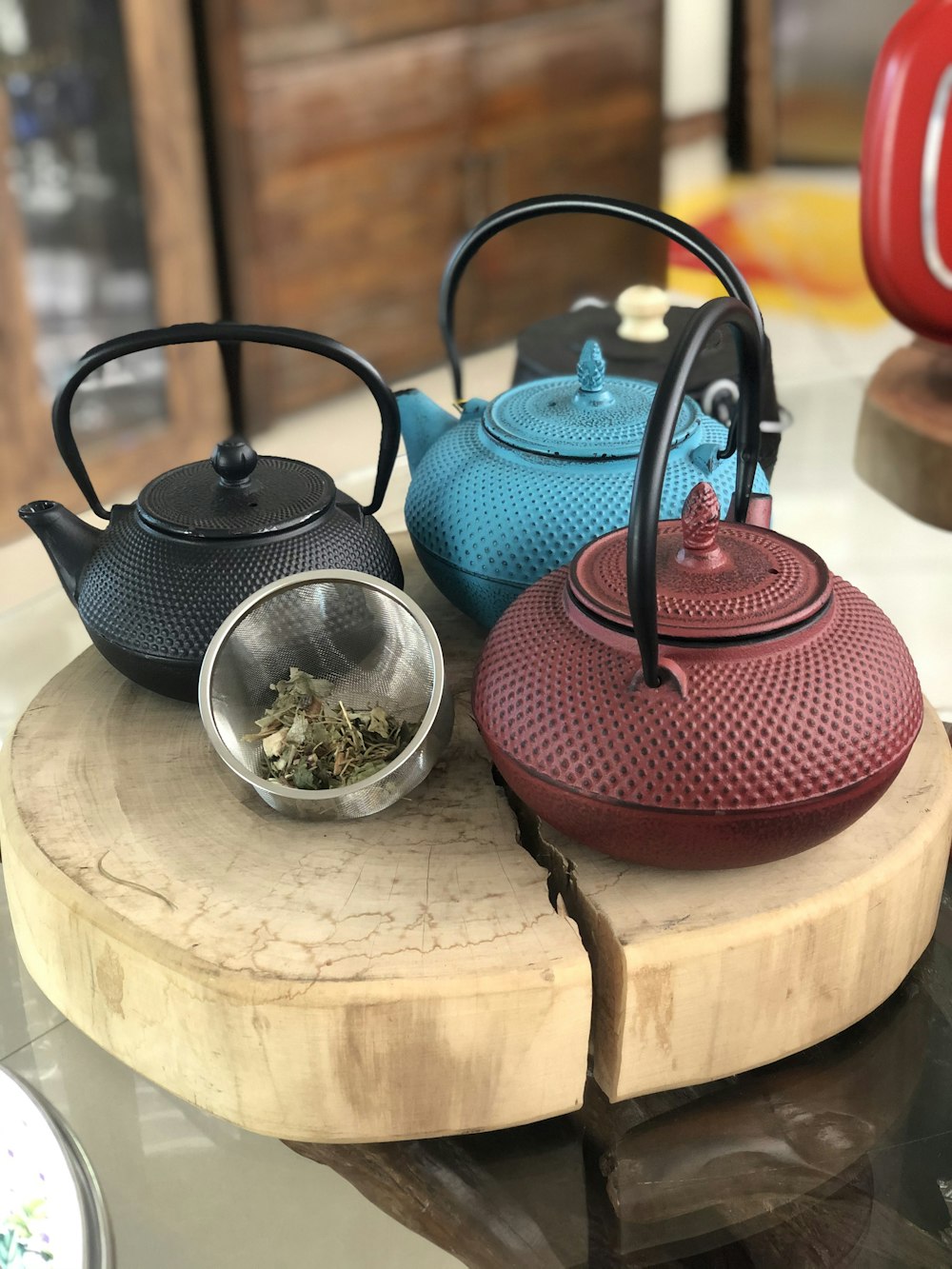 blue and black ceramic teapot set