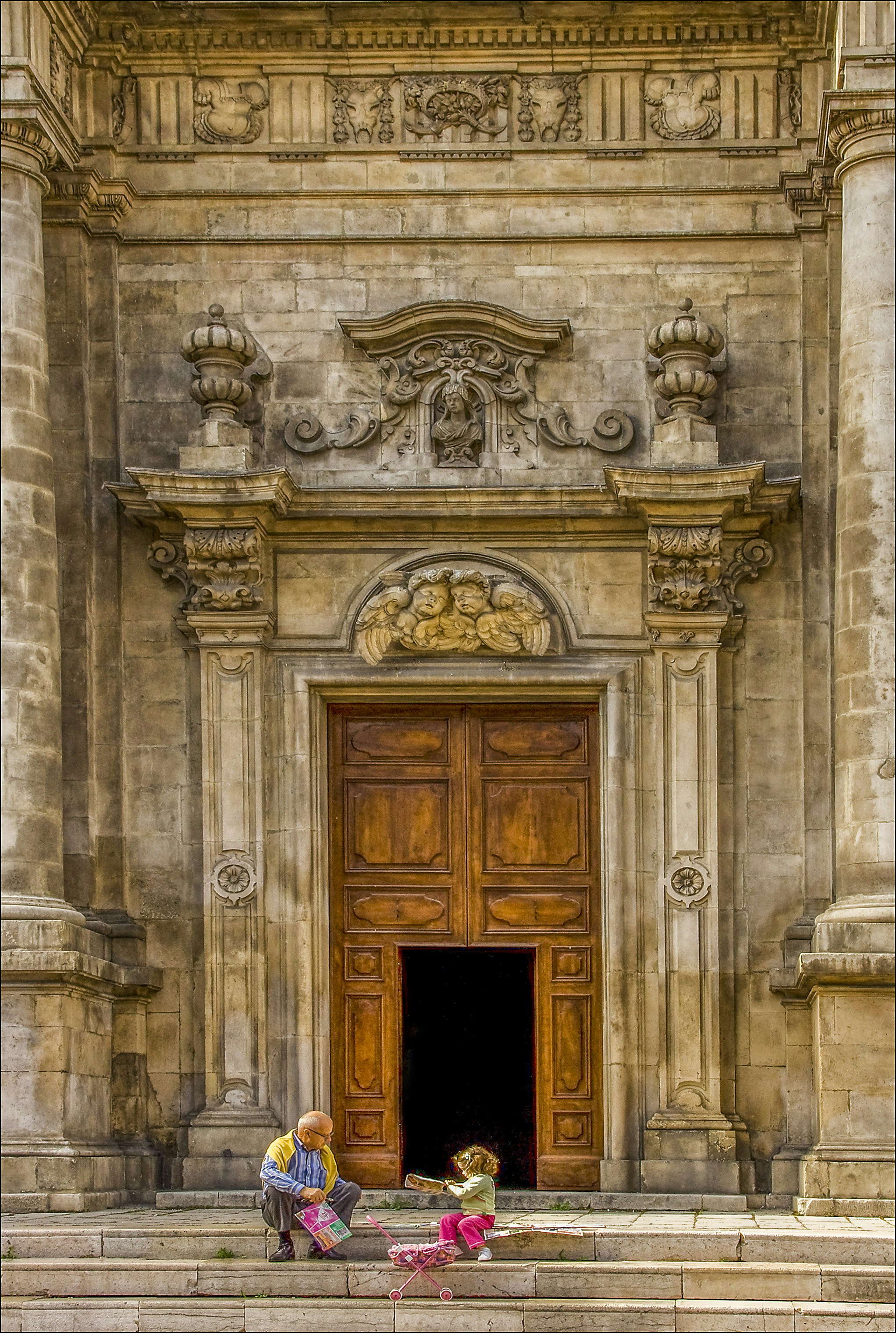 brown wooden door on gray concrete building