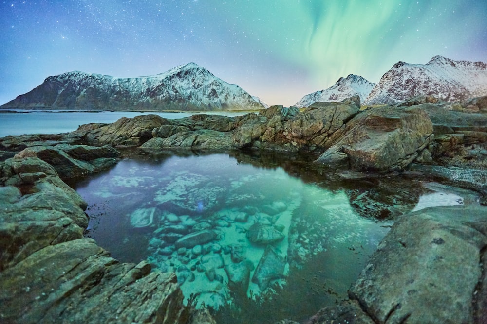 lake in the middle of rocky mountains under blue sky