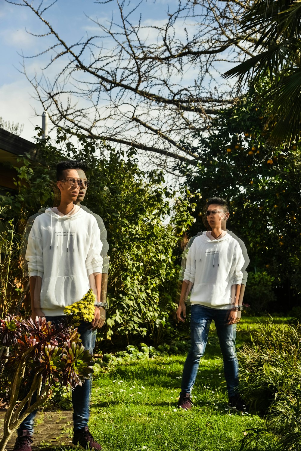 man in white dress shirt standing beside green plants during daytime