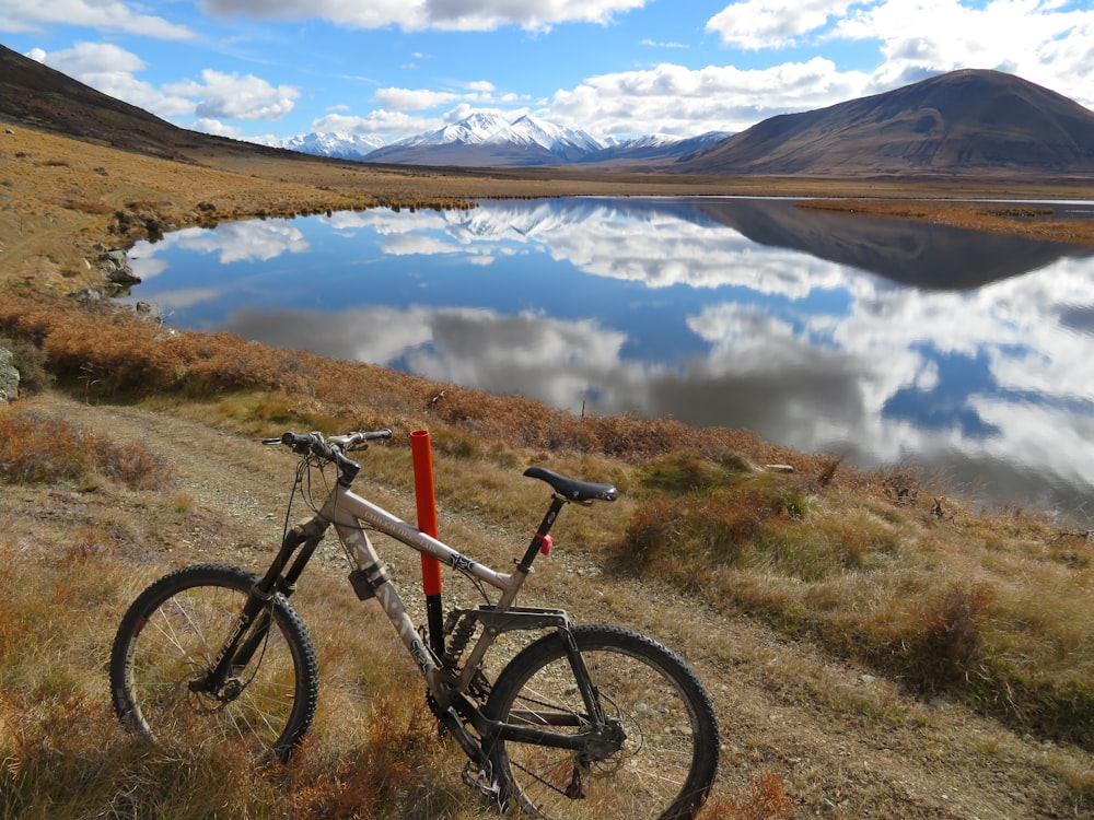 black and red mountain bike on green grass field near lake during daytime