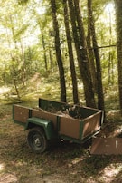 A small, empty trailer with a dark green frame and brown panels stands on a forest floor covered with grass and leaves. Sunlight filters through the tall trees, creating dappled patterns of light and shadow.
