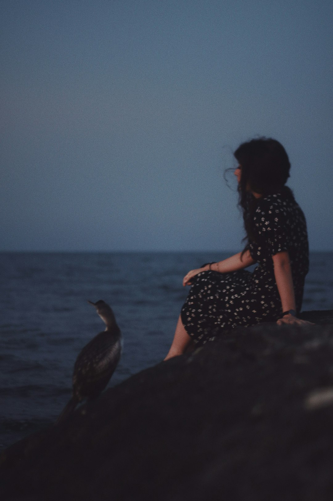 woman in black and white polka dot dress sitting on rock near sea during daytime