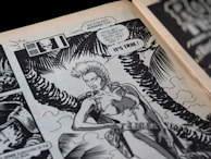 A comic book panel featuring a fierce-looking female character with short hair, wearing a form-fitting outfit and a leather belt. The background includes stylized palm fronds and a cloudy sky. The panel contains speech bubbles indicating a conversation about a murder and a revelation.