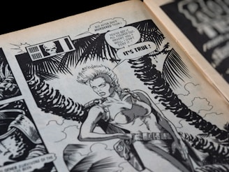 A comic book panel featuring a fierce-looking female character with short hair, wearing a form-fitting outfit and a leather belt. The background includes stylized palm fronds and a cloudy sky. The panel contains speech bubbles indicating a conversation about a murder and a revelation.
