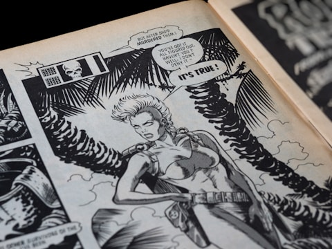 A comic book panel featuring a fierce-looking female character with short hair, wearing a form-fitting outfit and a leather belt. The background includes stylized palm fronds and a cloudy sky. The panel contains speech bubbles indicating a conversation about a murder and a revelation.