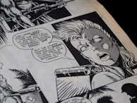 A dramatic black and white comic strip panel depicting a pivotal scene from one of our graphic novels.