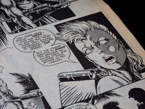 A black and white comic book page featuring a dramatic scene with characters speaking. The artwork displays a woman with expressive features, seemingly distressed, with speech bubbles containing dialogue about survival and sharing rations. The style is typical of graphic novels, with detailed line work and shadowing.