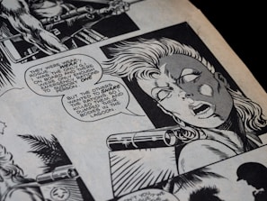A black and white comic book page featuring a dramatic scene with characters speaking. The artwork displays a woman with expressive features, seemingly distressed, with speech bubbles containing dialogue about survival and sharing rations. The style is typical of graphic novels, with detailed line work and shadowing.