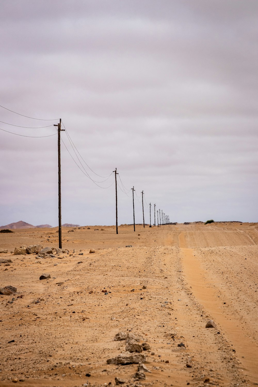 Poteaux électriques en bois brun sur sable brun sous ciel blanc pendant la journée