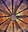 A ceiling fan is viewed from below, surrounded by an intricate and ornate pattern. The pattern features floral and geometric designs in dark lines against a warm, glowing background that transitions from orange to pink hues.