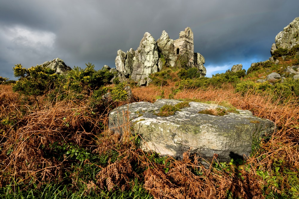 gray rock formation on green grass field under gray cloudy sky during daytime