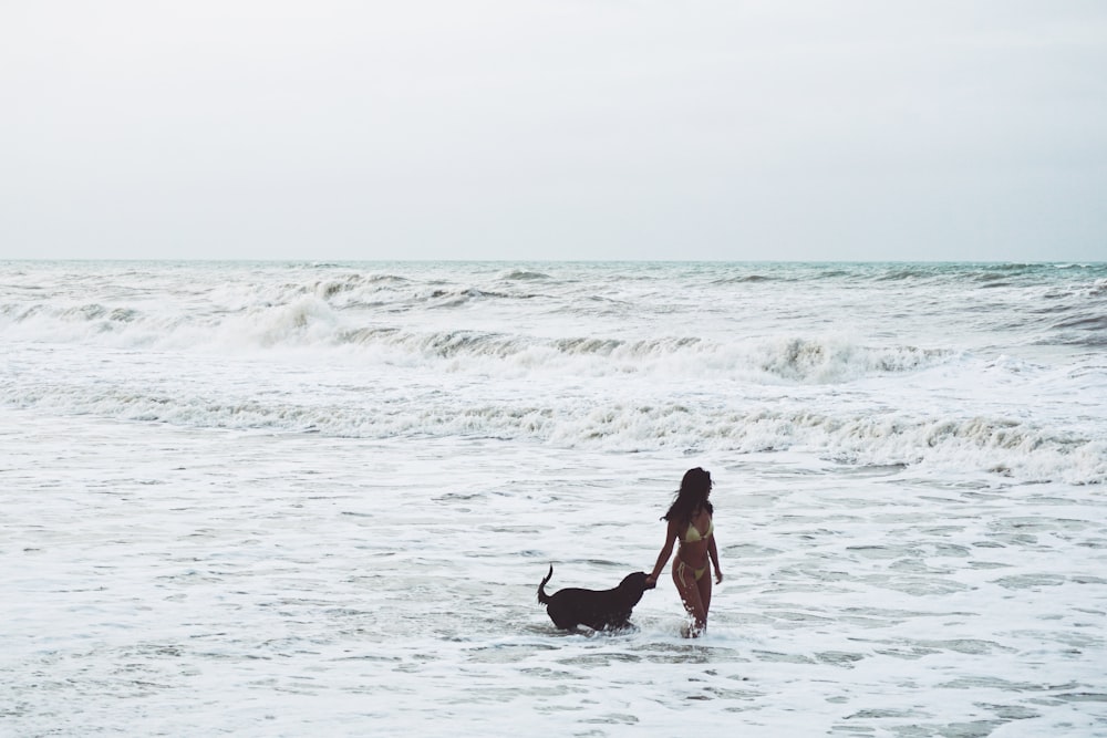 mulher no vestido preto que segura o labrador retriever preto na praia durante o dia