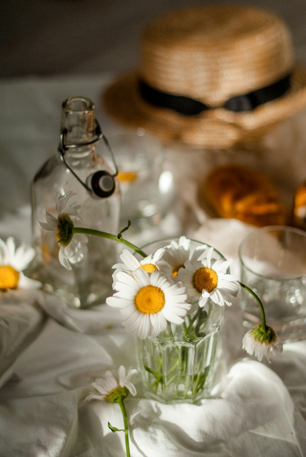 white daisy in clear glass bottle