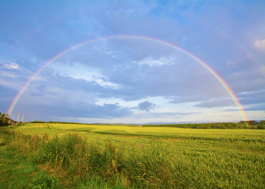 Rainbow crossing a cloudy sky above hills