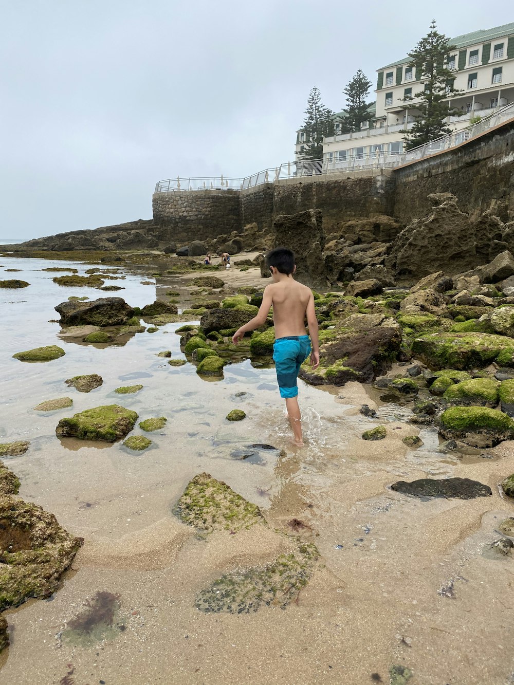 topless man in blue shorts walking on brown sand during daytime