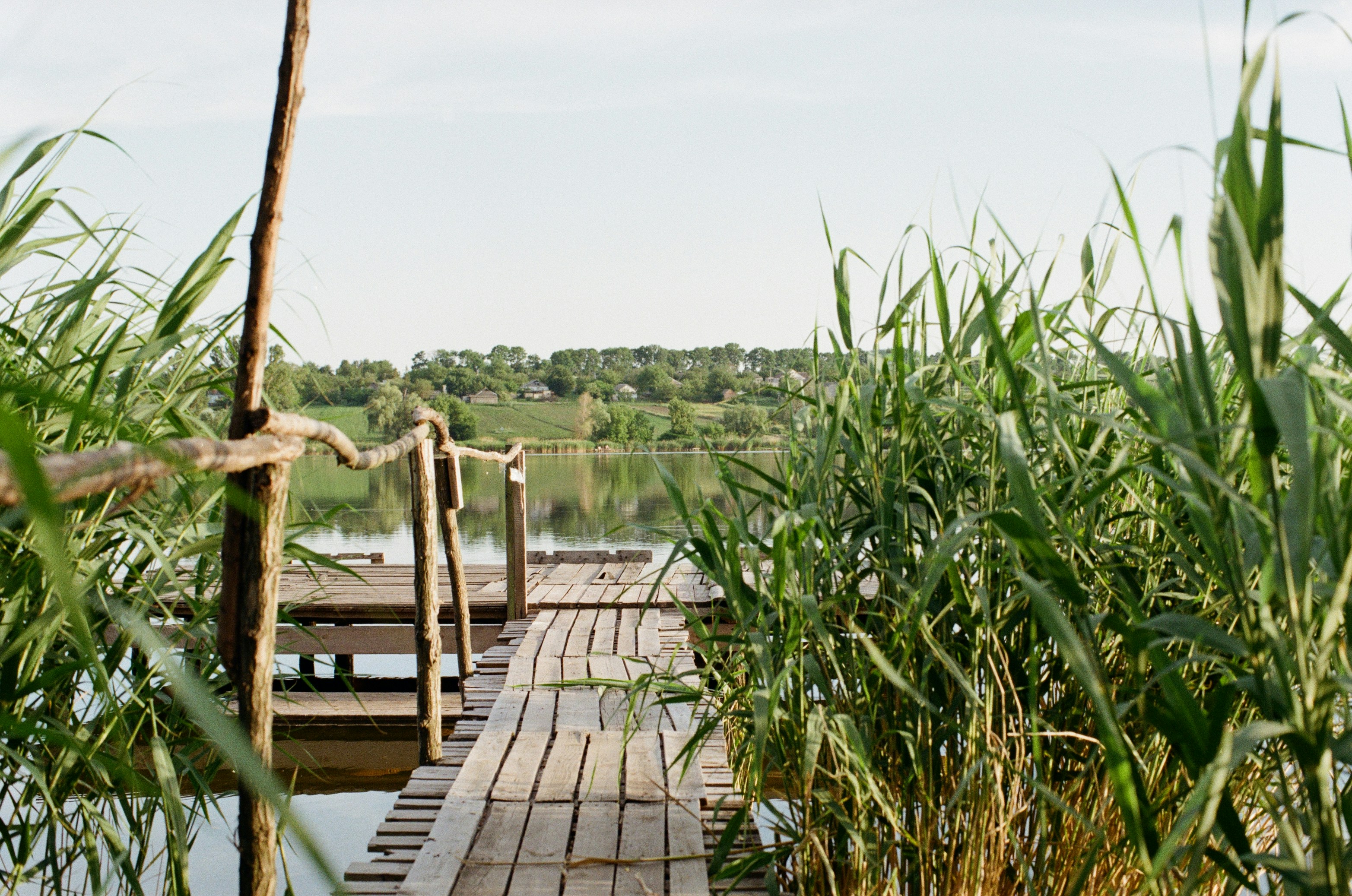 Quai en bois brun sur le lac pendant la journée