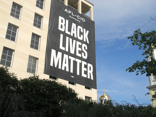 A large banner reading 'AFL-CIO Supports Black Lives Matter' hangs prominently on the side of a beige building. In the foreground, the tops of green trees are visible, and the sky is clear with a bright blue hue. Partially obscured by the trees, a domed building with a gold-colored top is visible.