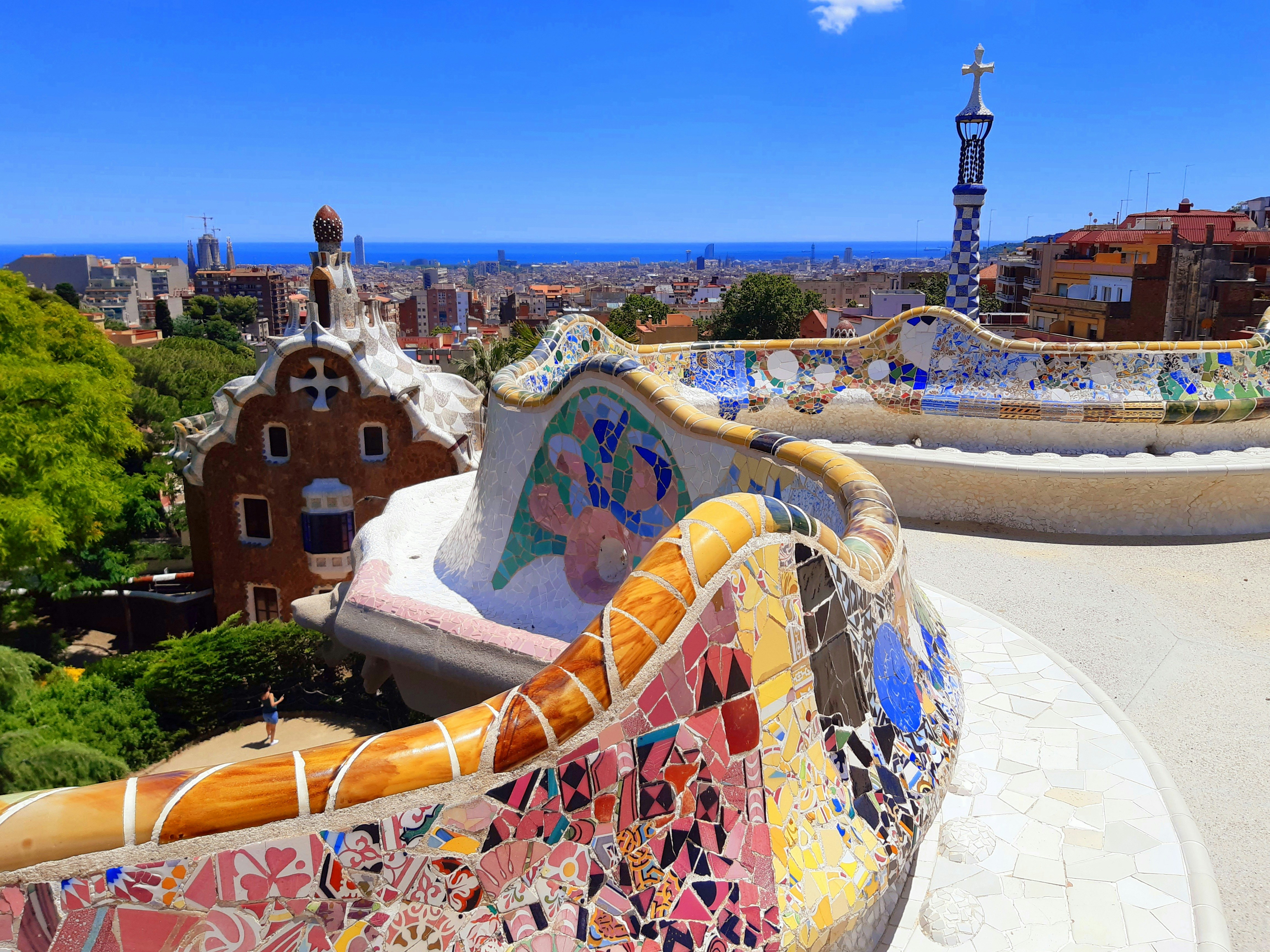 A view from the benches on a aummer day at Park Güell in Barcelona, Spain