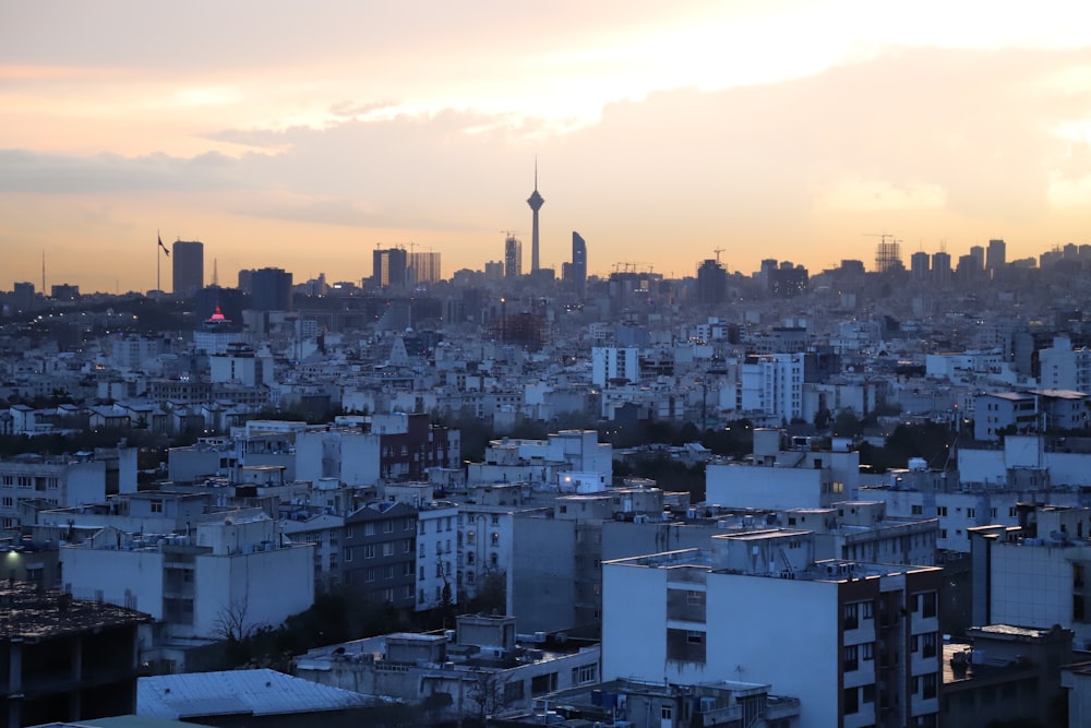 aerial view of city buildings during sunset