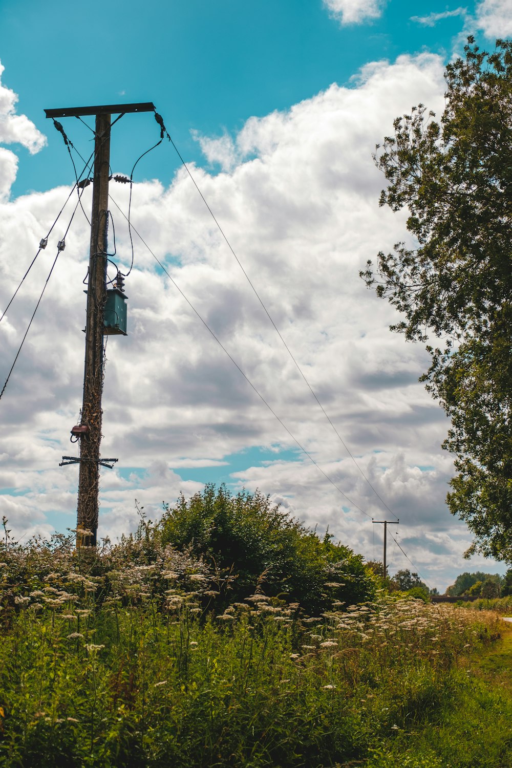 poste eléctrico negro bajo el cielo azul y nubes blancas durante el día