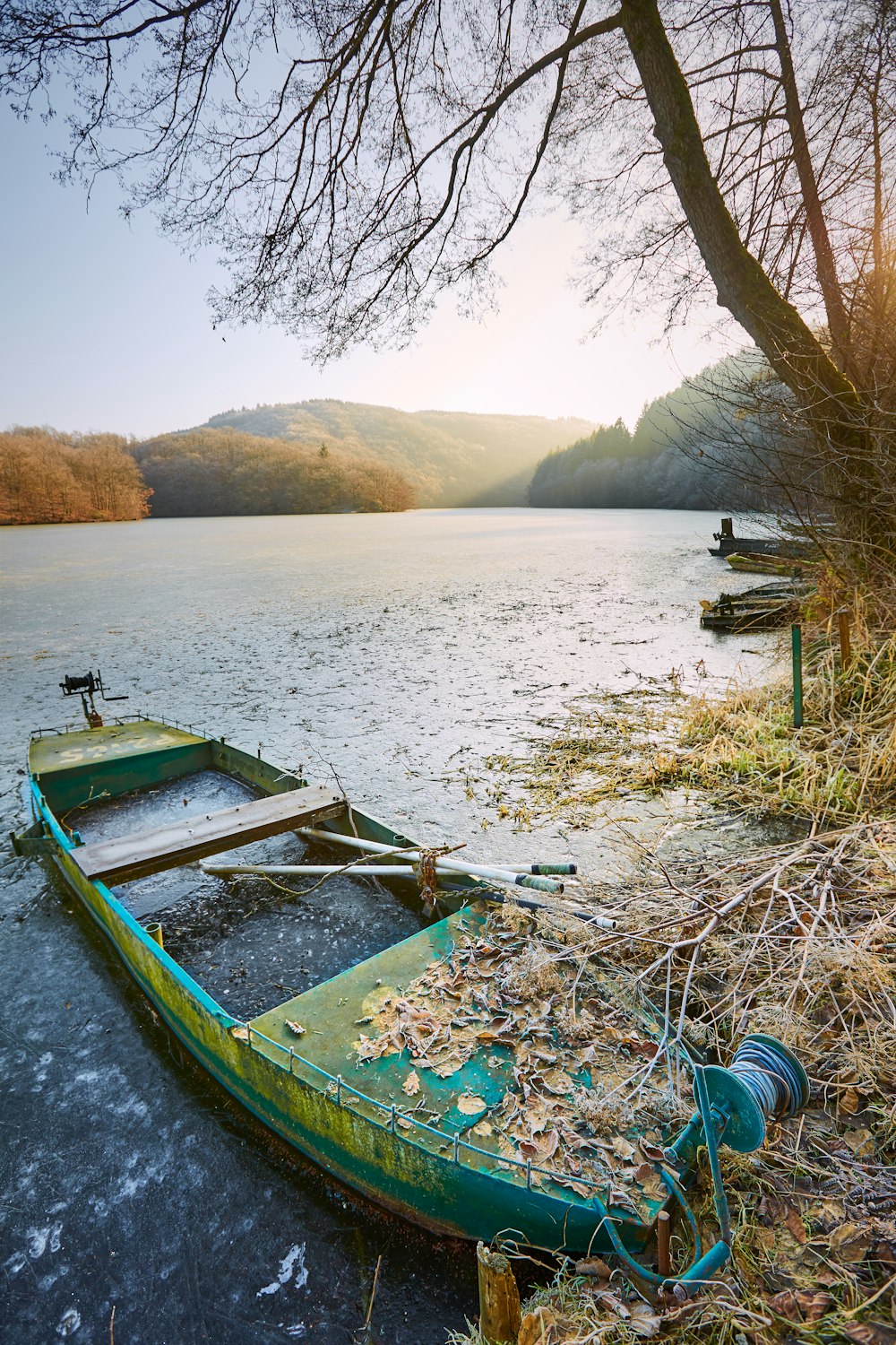 green and white boat on lake during daytime