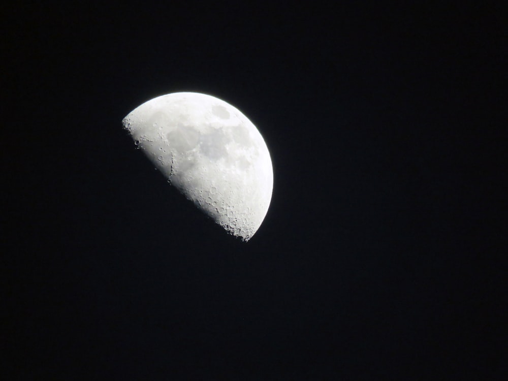 a half moon is seen in the dark sky