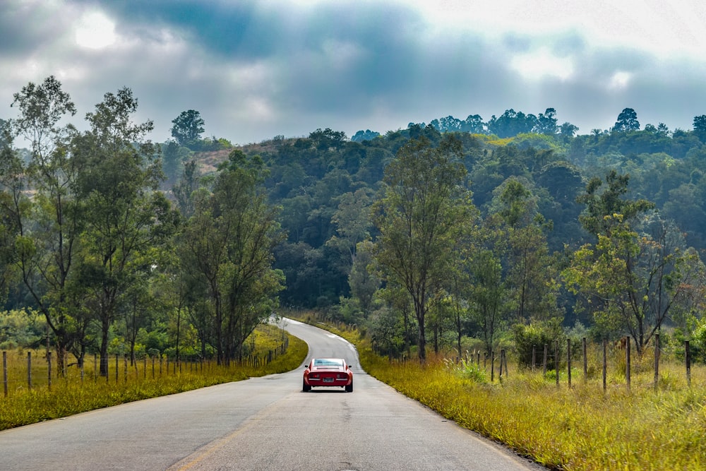 Coche rojo en la carretera cerca de árboles verdes durante el día