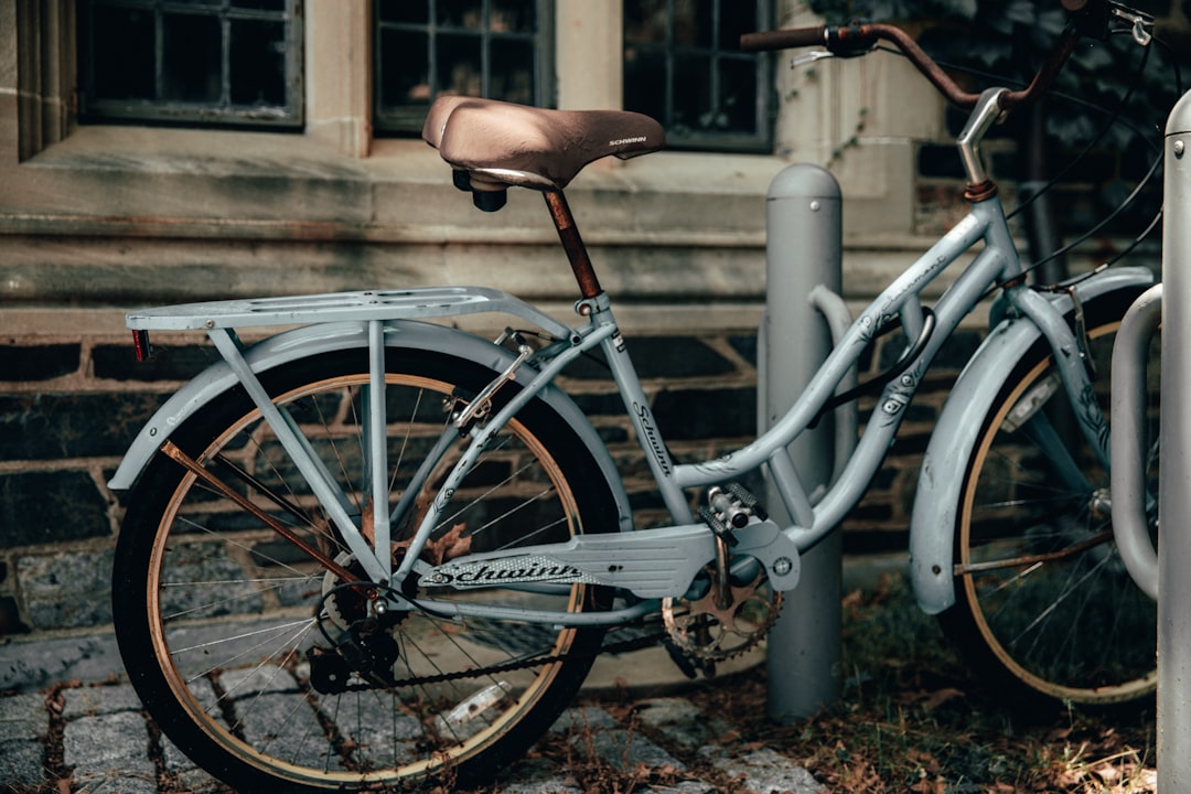 white and black bicycle beside white metal fence