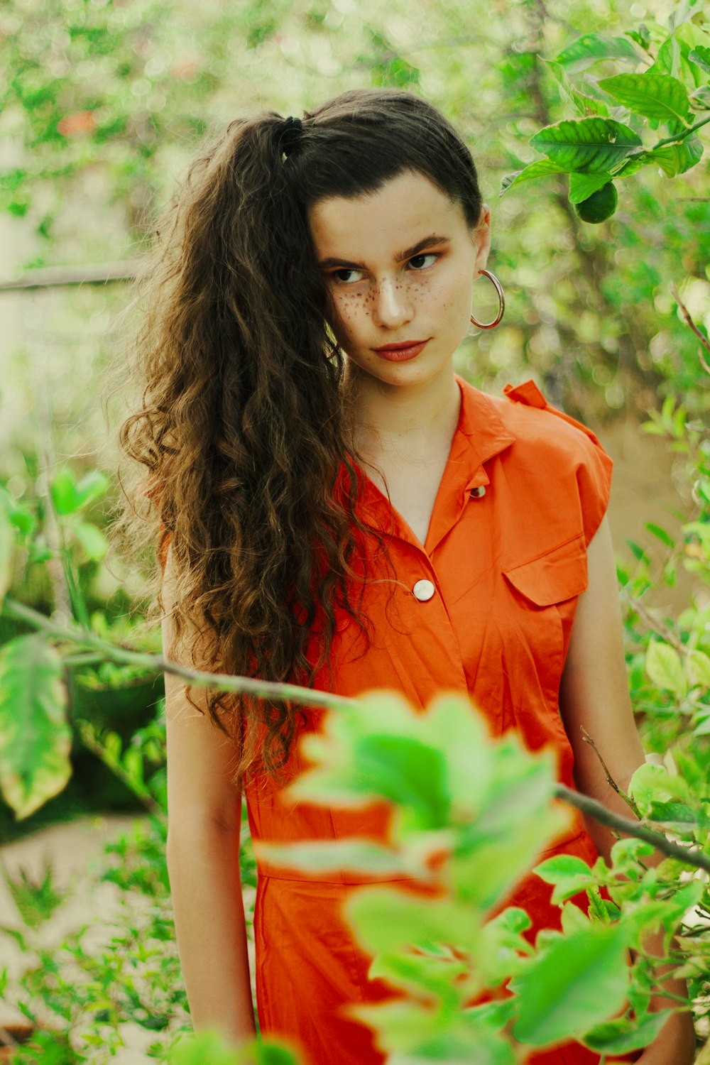 woman in red button up sleeveless shirt holding red rose