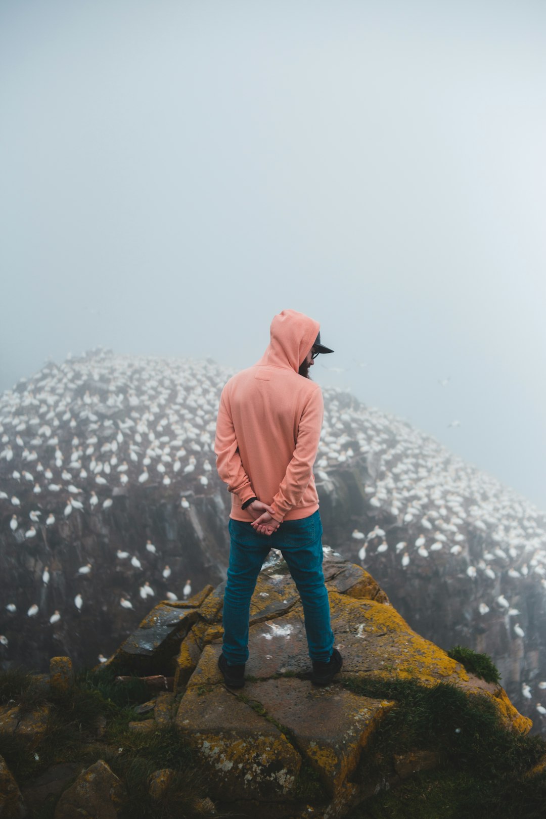 man in pink hoodie and blue denim jeans standing on rock formation during daytime