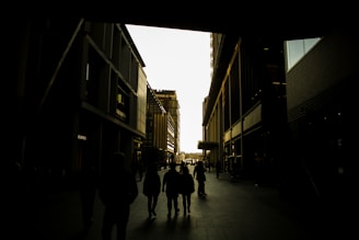 Silhouettes of people walking between tall buildings in a narrow alley, with a bright sky visible in the distance creating a stark contrast with the dark foreground. The scene conveys a sense of urban exploration and movement.