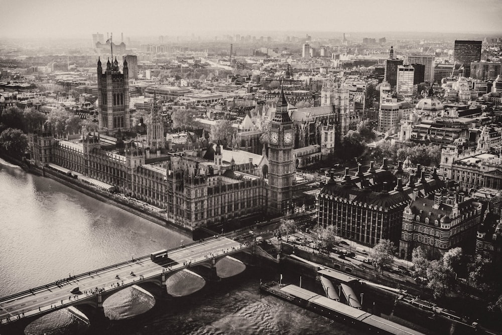 grayscale photo of city buildings