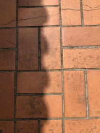 A section of red-orange floor tiles, each tile rectangular in shape, arranged in a regular pattern with visible grout lines in between. The tiles exhibit some signs of wear and darker patches, suggesting age or frequent use. A shadow is cast across part of the tiles, adding contrast to the composition.