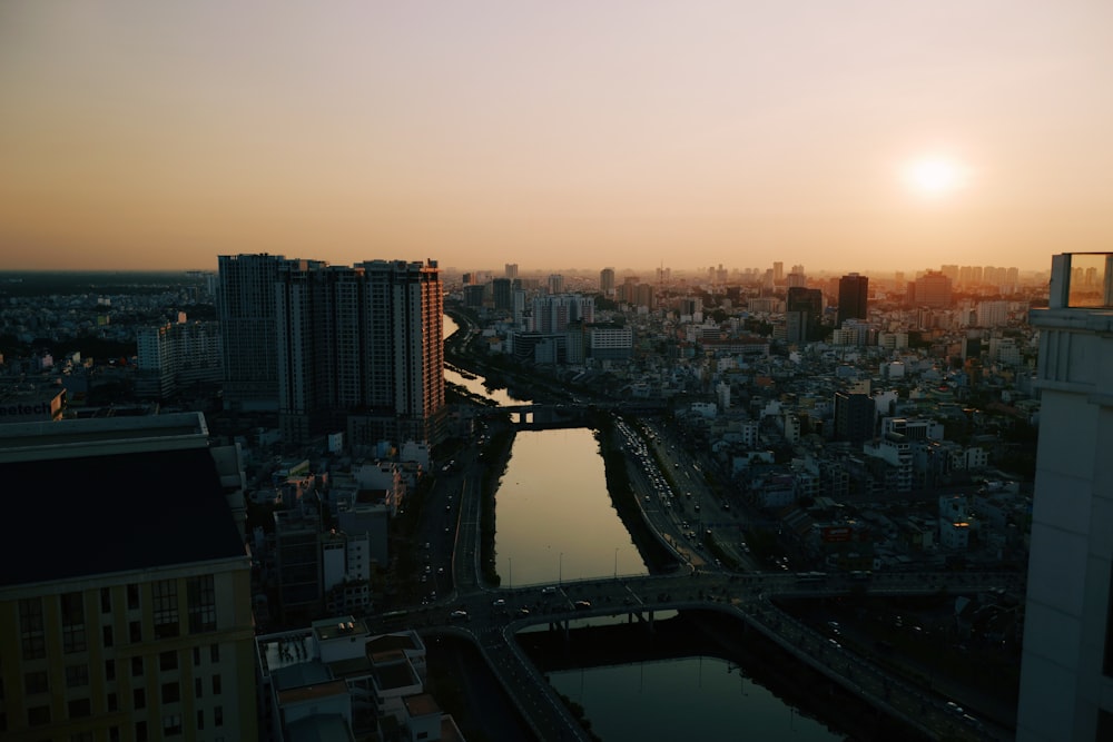 aerial view of city buildings during sunset